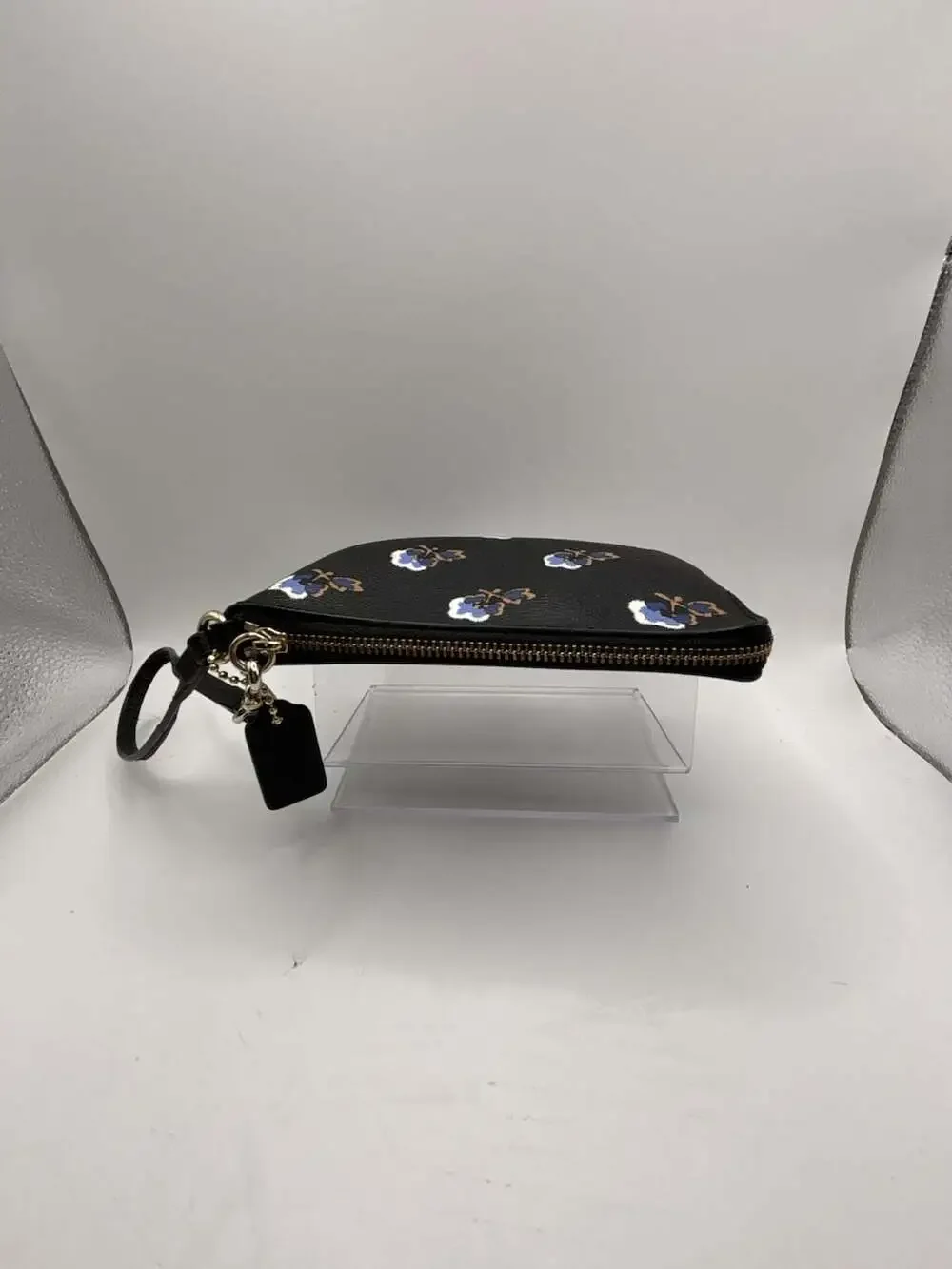 Coach Black Blue Floral Bramble Rose Print Leather Wristlet Pouch